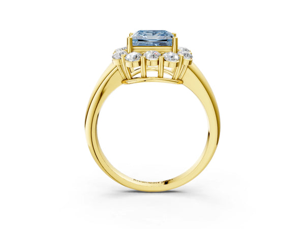 Yellow gold Fancy Blue Princess  Halo Milgrain Solitaire with Bezel Set Side Stones and Pave Band