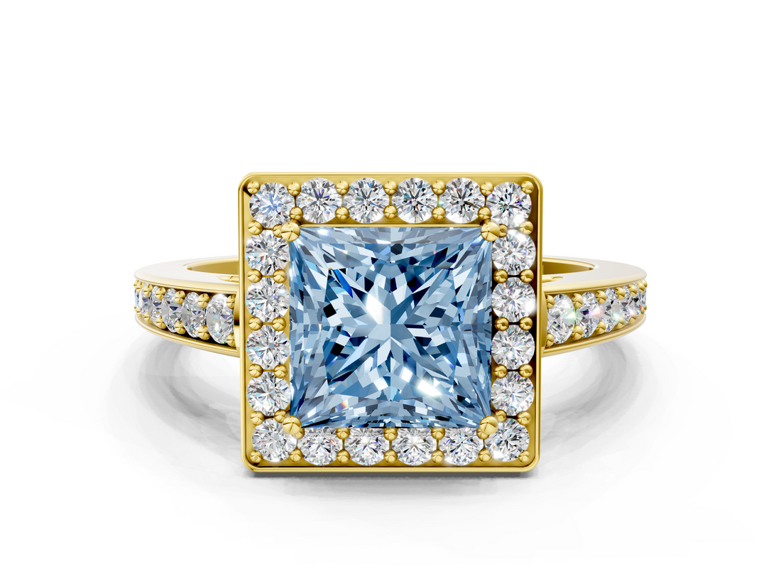 Yellow gold Fancy Blue Princess  Halo Pavé Diamond Engagement Ring with Bezel Setting_19