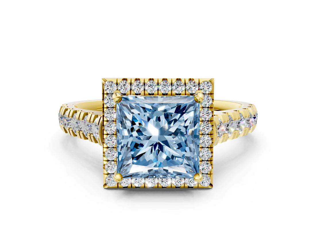 Yellow gold Fancy Blue Princess  Halo Pavé Diamond Engagement Ring with Four-Prong Setting_27