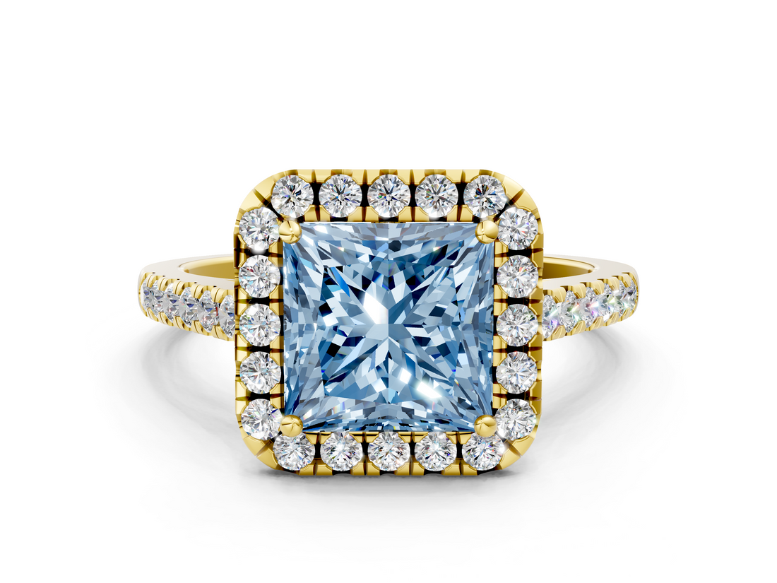 Yellow gold Fancy Blue Princess  Halo Pavé Diamond Engagement Ring with Four-Prong Setting_3