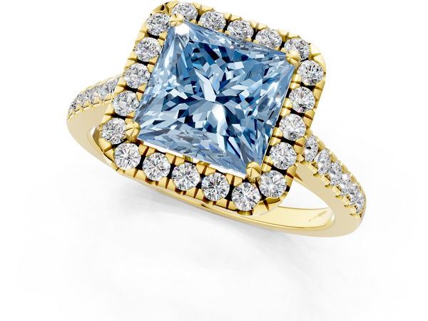 Yellow gold Fancy Blue Princess  Halo Pavé Diamond Engagement Ring with Four-Prong Setting