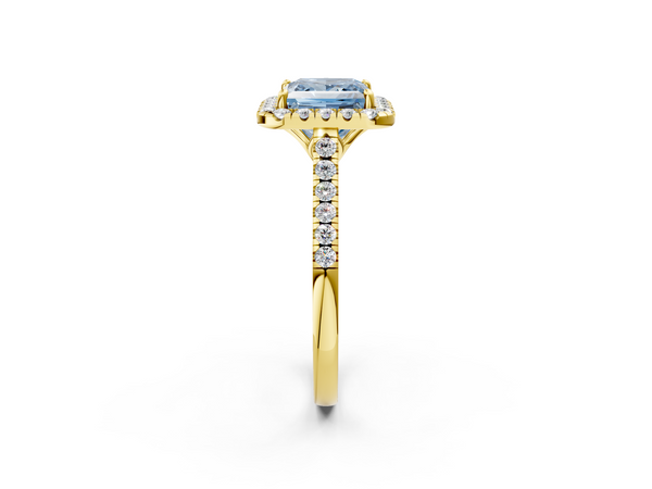 Yellow gold Fancy Blue Princess  Halo Pavé Diamond Engagement Ring with Four-Prong Setting