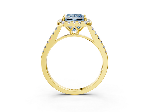 Yellow gold Fancy Blue Princess  Halo Pavé Diamond Engagement Ring with Four-Prong Setting