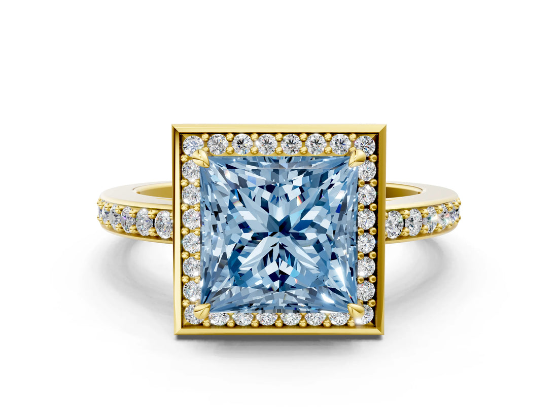 Yellow gold Fancy Blue Princess  Halo Pave Band Solitaire Ring with Prong Setting_66