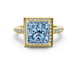 Yellow gold Fancy Blue Princess  Halo Pave Band Solitaire Ring with Prong Setting_66