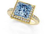 Yellow gold Fancy Blue Princess  Halo Pave Band Solitaire Ring with Prong Setting_67