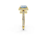 Yellow gold Fancy Blue Princess  Halo Pave Band Solitaire Ring with Prong Setting_68