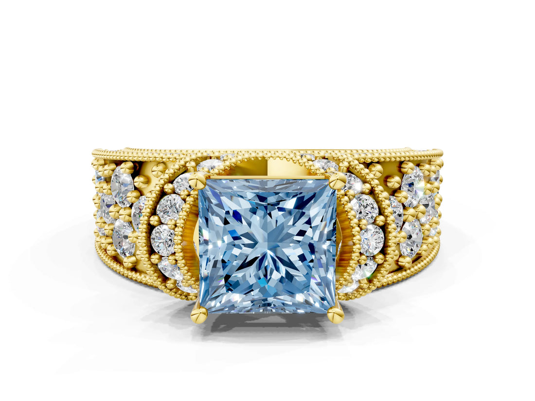 Yellow gold Fancy Blue Princess  Halo Pave Diamond Engagement Ring with Milgrain Detailing_49