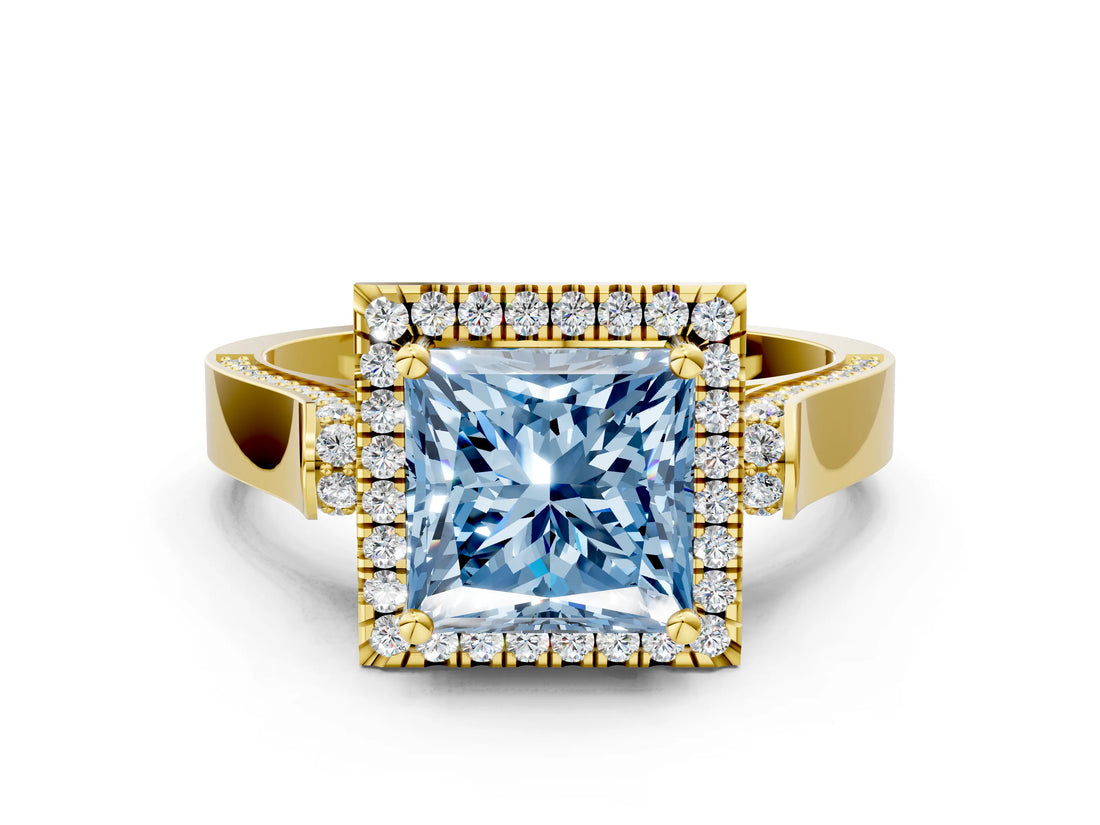 Yellow gold Fancy Blue Princess  Halo Pave Split Shank Prong Setting Ring_57