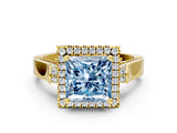 Yellow gold Fancy Blue Princess  Halo Pave Split Shank Prong Setting Ring_57