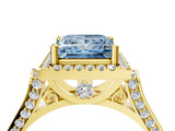 Yellow gold Fancy Blue Princess  Halo Pave Split Shank Prong Setting Ring_61