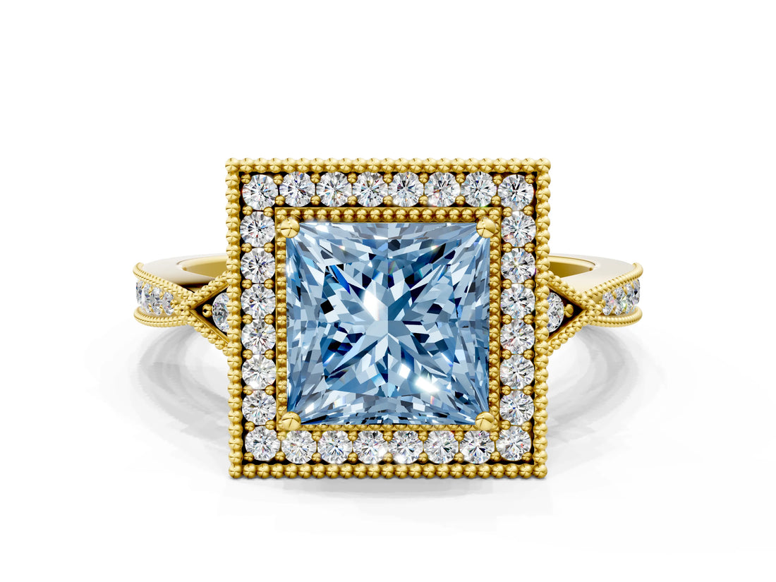 Yellow gold Fancy Blue Princess  Halo Round Diamond Milgrain Pave Engagement Ring_3