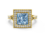 Yellow gold Fancy Blue Princess  Halo Round Diamond Milgrain Pave Engagement Ring_3