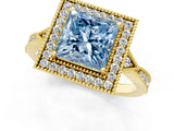 Yellow gold Fancy Blue Princess  Halo Round Diamond Milgrain Pave Engagement Ring_4