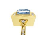 Yellow gold Fancy Blue Princess  Halo Round Diamond Milgrain Pave Engagement Ring_8