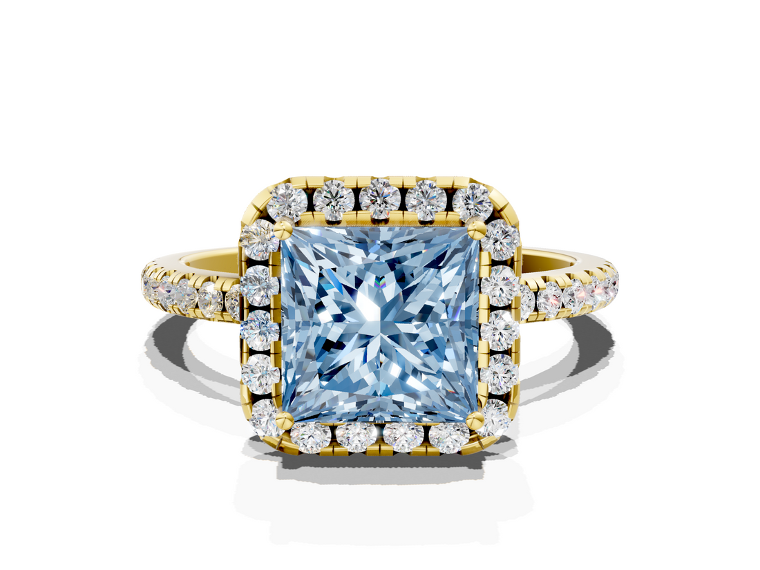 Yellow gold Fancy Blue Princess  Halo Round Diamond Pavé Band Four-Prong Ring_3