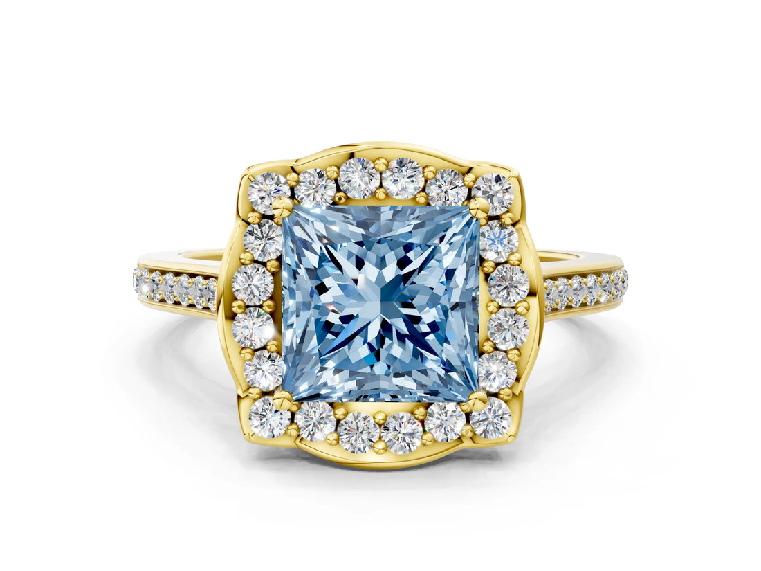 Yellow gold Fancy Blue Princess  Halo Round Diamond Pave Band with Four-Prong Setting_39