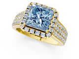 Yellow gold Fancy Blue Princess  Halo Round Diamond Pave Band with Prong Setting 1