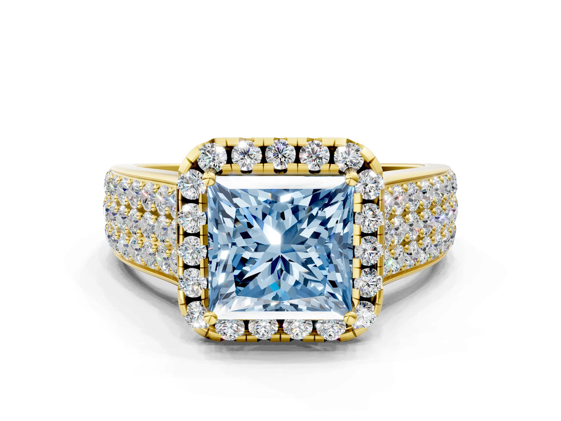Yellow gold Fancy Blue Princess  Halo Round Diamond Pave Band with Prong Setting