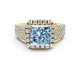 Yellow gold Fancy Blue Princess  Halo Round Diamond Pave Band with Prong Setting