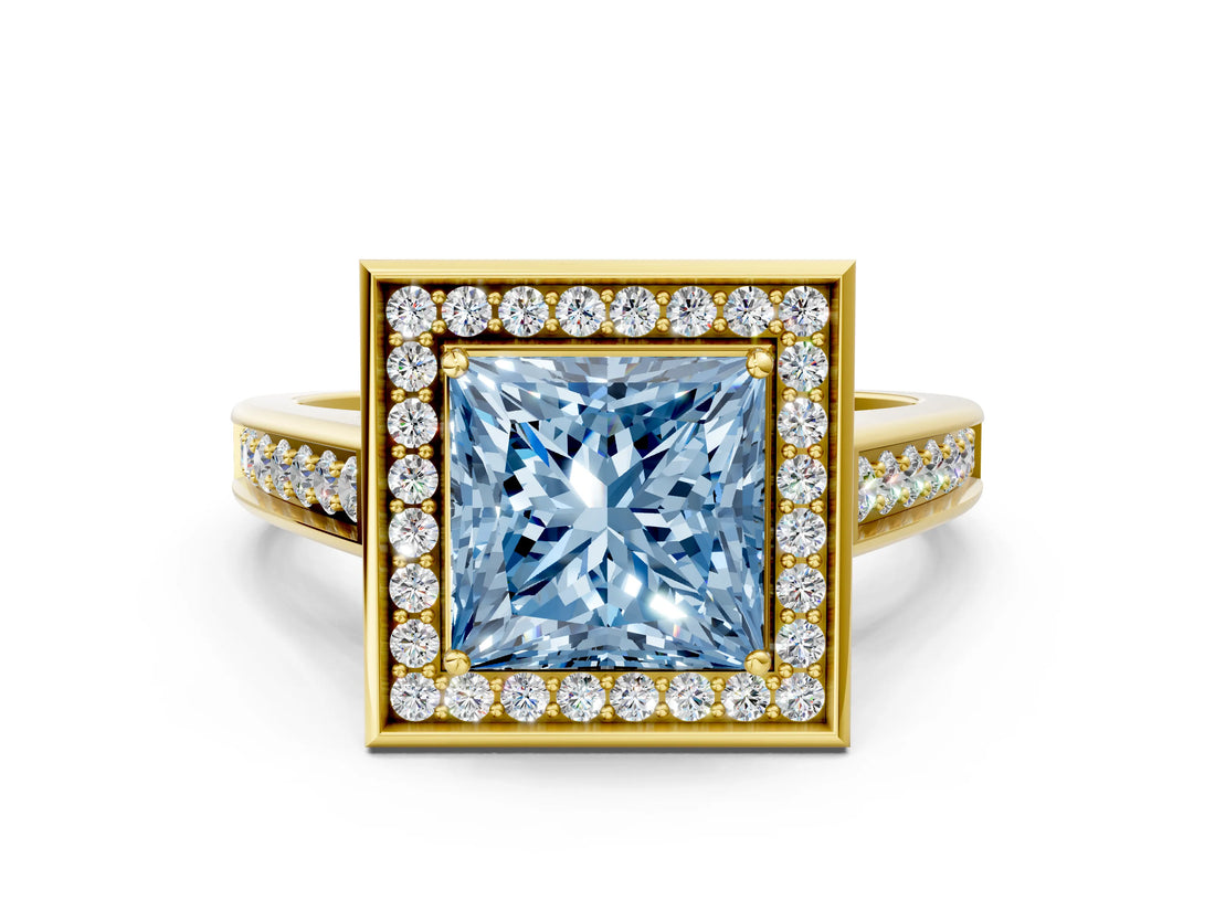 Yellow gold Fancy Blue Princess  Halo Solitaire Diamond Ring with Pave Band and Bezel Setting_49