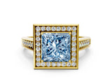 Yellow gold Fancy Blue Princess  Halo Solitaire Diamond Ring with Pave Band and Bezel Setting_49