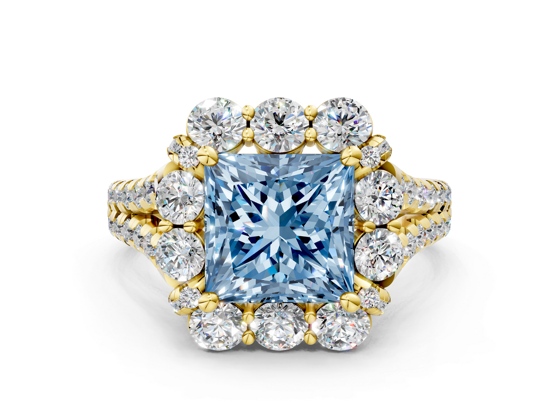 Yellow gold Fancy Blue Princess  Halo Split Shank Diamond Engagement Ring with Pave Band and Four-Prong Setting_54
