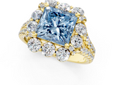 Yellow gold Fancy Blue Princess  Halo Split Shank Diamond Engagement Ring with Pave Band and Four-Prong Setting_55