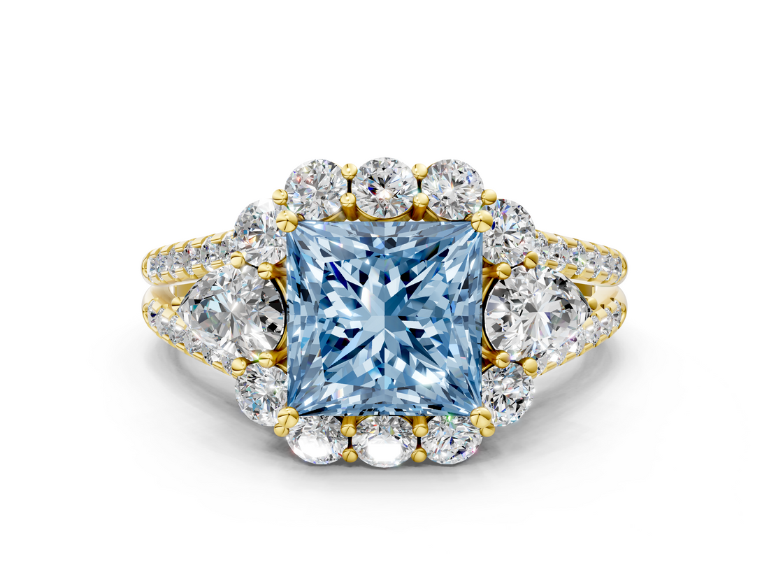 Yellow gold Fancy Blue Princess  Halo Split Shank Diamond Engagement Ring with Prong Setting_20