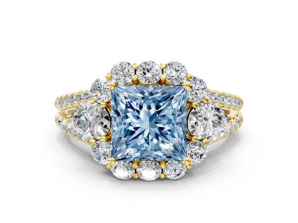 Yellow Gold Princess Cut Halo Pear Side Stone Engagement Ring Setting for Fancy Blue Center