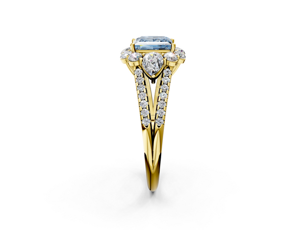 Yellow Gold Princess Cut Halo Pear Side Stone Engagement Ring Setting for Fancy Blue Center