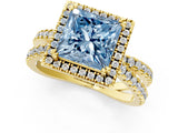 Yellow gold Fancy Blue Princess  Halo Split Shank Diamond Ring with Pavé Setting 1