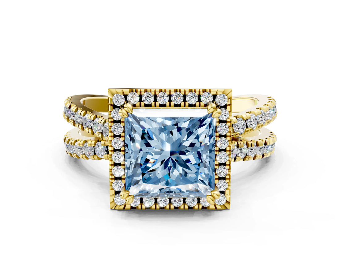 Yellow gold Fancy Blue Princess  Halo Split Shank Diamond Ring with Pavé Setting