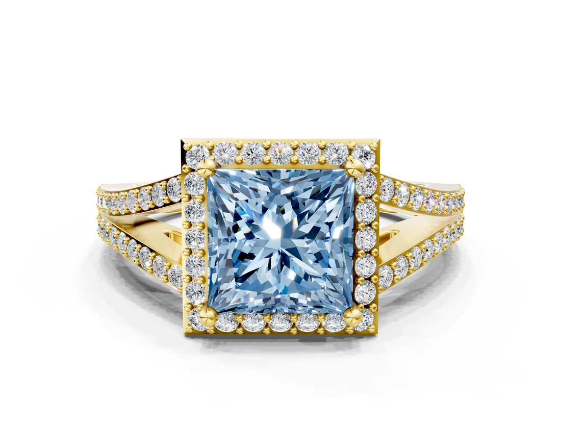 Yellow gold Fancy Blue Princess  Halo Split Shank Diamond Ring with Prong Setting_20