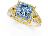Yellow gold Fancy Blue Princess  Halo Split Shank Diamond Ring with Prong Setting_21