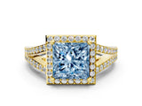 Yellow gold Fancy Blue Princess  Halo Split Shank Pave Diamond Ring with Four-Prong Setting_49