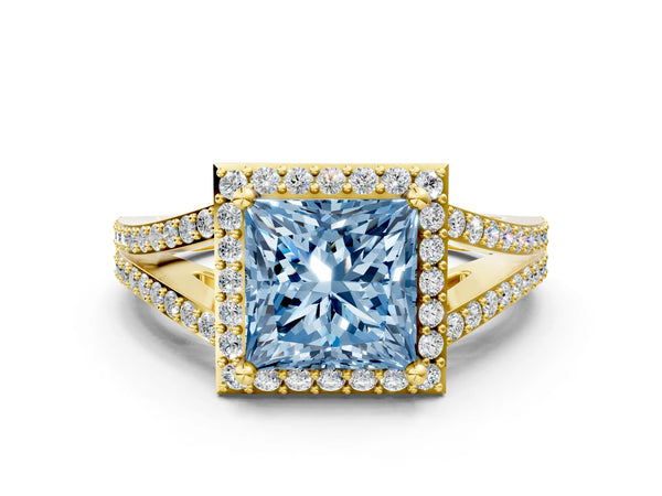 Yellow gold Fancy Blue Princess  Halo Split Shank Pave Diamond Ring with Four-Prong Setting