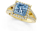 Yellow gold Fancy Blue Princess  Halo Split Shank Pave Diamond Ring with Four-Prong Setting_50