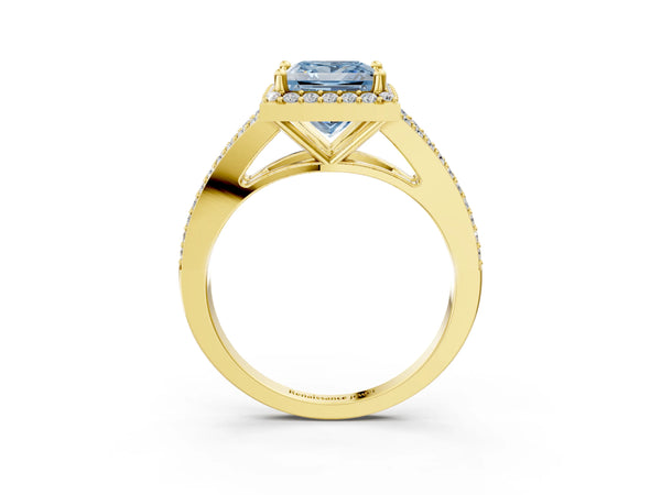 Yellow gold Fancy Blue Princess  Halo Split Shank Pave Diamond Ring with Four-Prong Setting