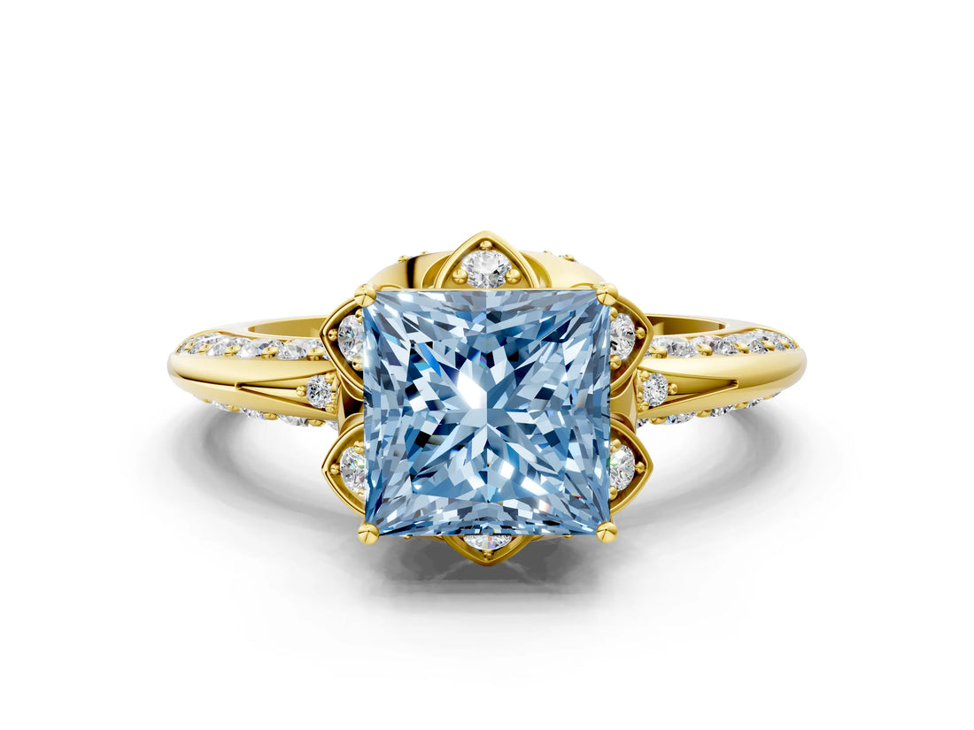 Yellow gold Fancy Blue Princess  Halo Split Shank Pave Diamond Ring with Petal Prong Setting_19