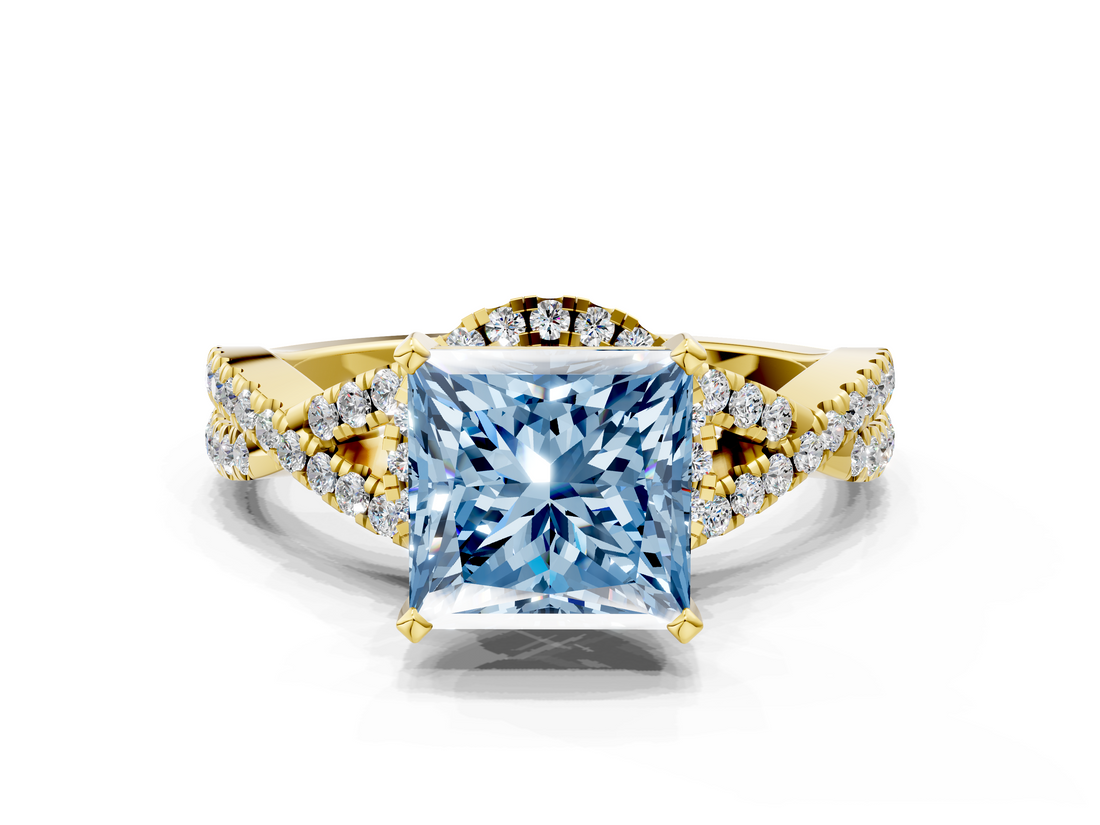 Yellow gold Fancy Blue Princess  Halo Twist Band Solitaire Prong Setting Ring_59