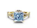 Yellow gold Fancy Blue Princess  Halo Twist Band Solitaire Prong Setting Ring_59