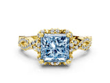 Yellow gold Fancy Blue Princess  Halo Twist Band Solitaire Ring with Six-Prong Setting_32