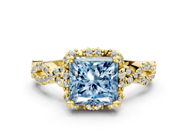 Yellow gold Fancy Blue Princess  Halo Twist Band Solitaire Ring with Six-Prong Setting