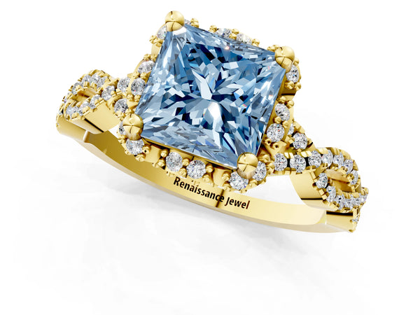 Yellow gold Fancy Blue Princess  Halo Twist Band Solitaire Ring with Six-Prong Setting