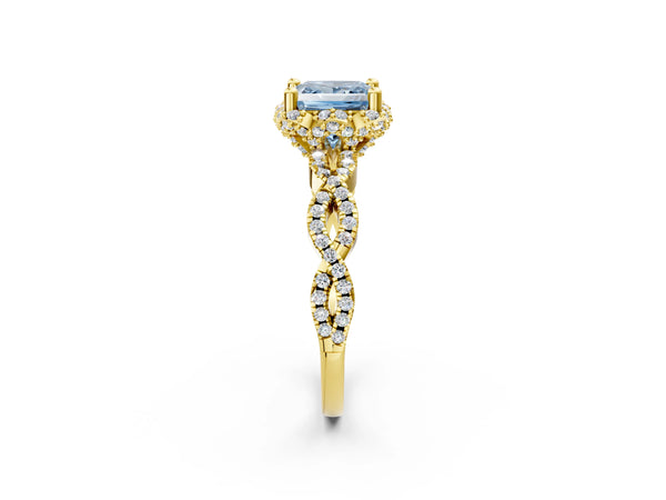 Yellow gold Fancy Blue Princess  Halo Twist Band Solitaire Ring with Six-Prong Setting