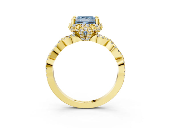 Yellow gold Fancy Blue Princess  Halo Twist Band Solitaire Ring with Six-Prong Setting