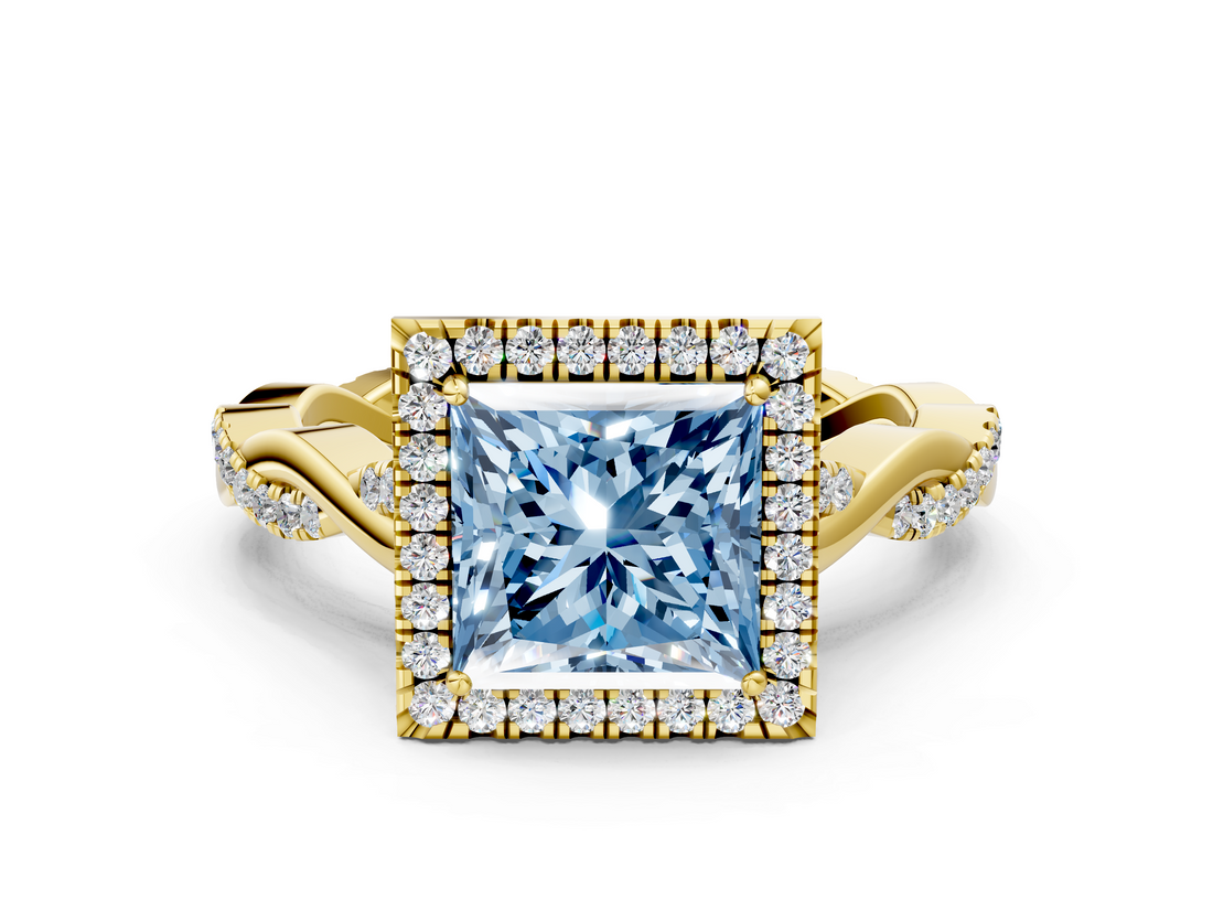 Yellow gold Fancy Blue Princess  Halo Twist Band Solitaire Ring_19