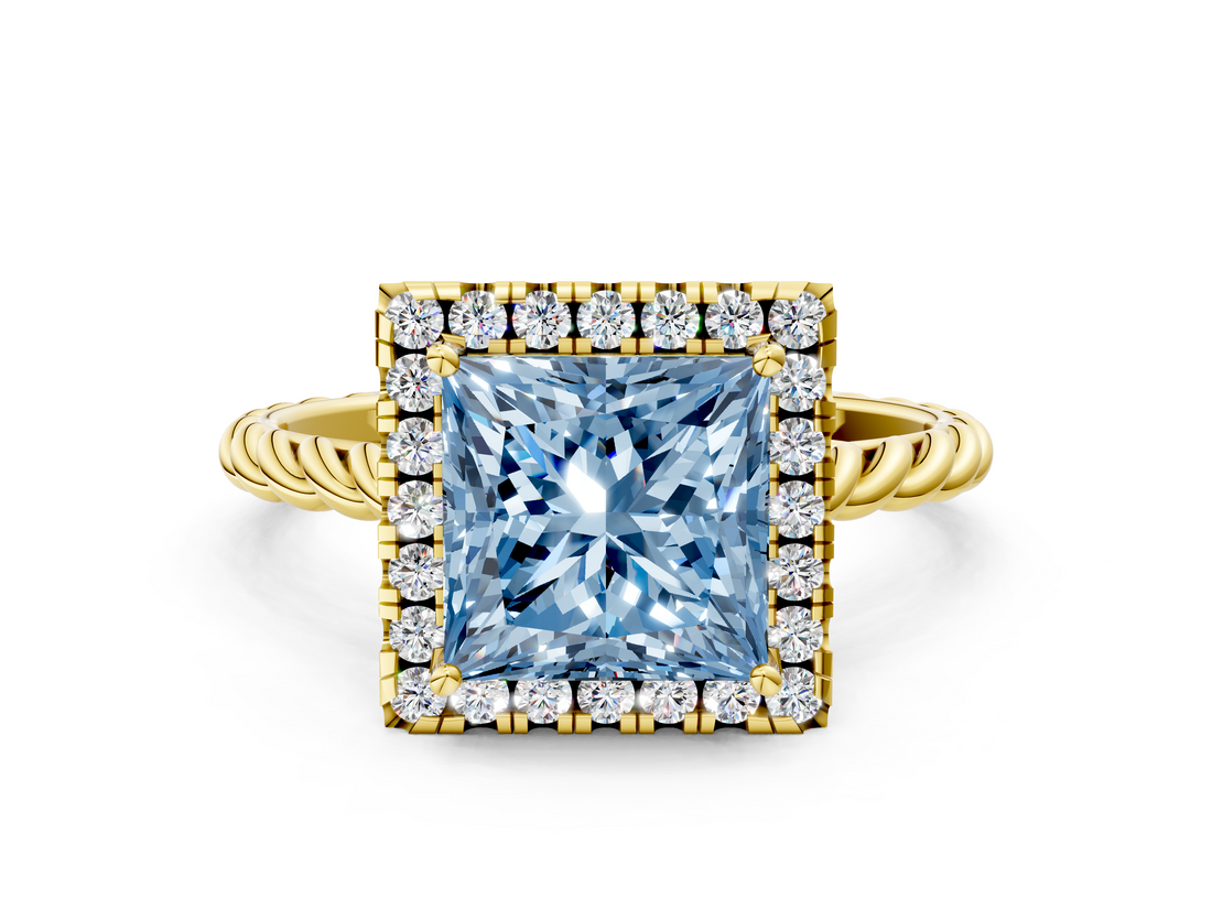Yellow gold Fancy Blue Princess  Halo Twisted Band Four-Prong Diamond Ring_20