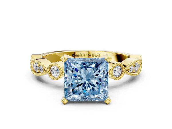 Yellow gold Fancy Blue Princess  Milgrain Bezel Diamond Engagement Ring with Solitaire Prong Setting